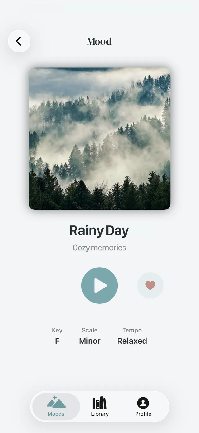 Stillroom app screenshot showing playback controls and evolving sound parameters.